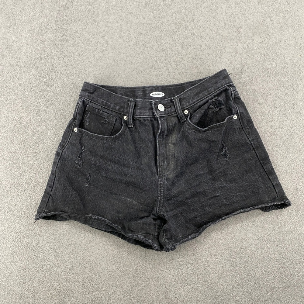 Old Navy Black Distressed Denim Shorts High Waisted Raw Hem Size 10 100% Cotton‎